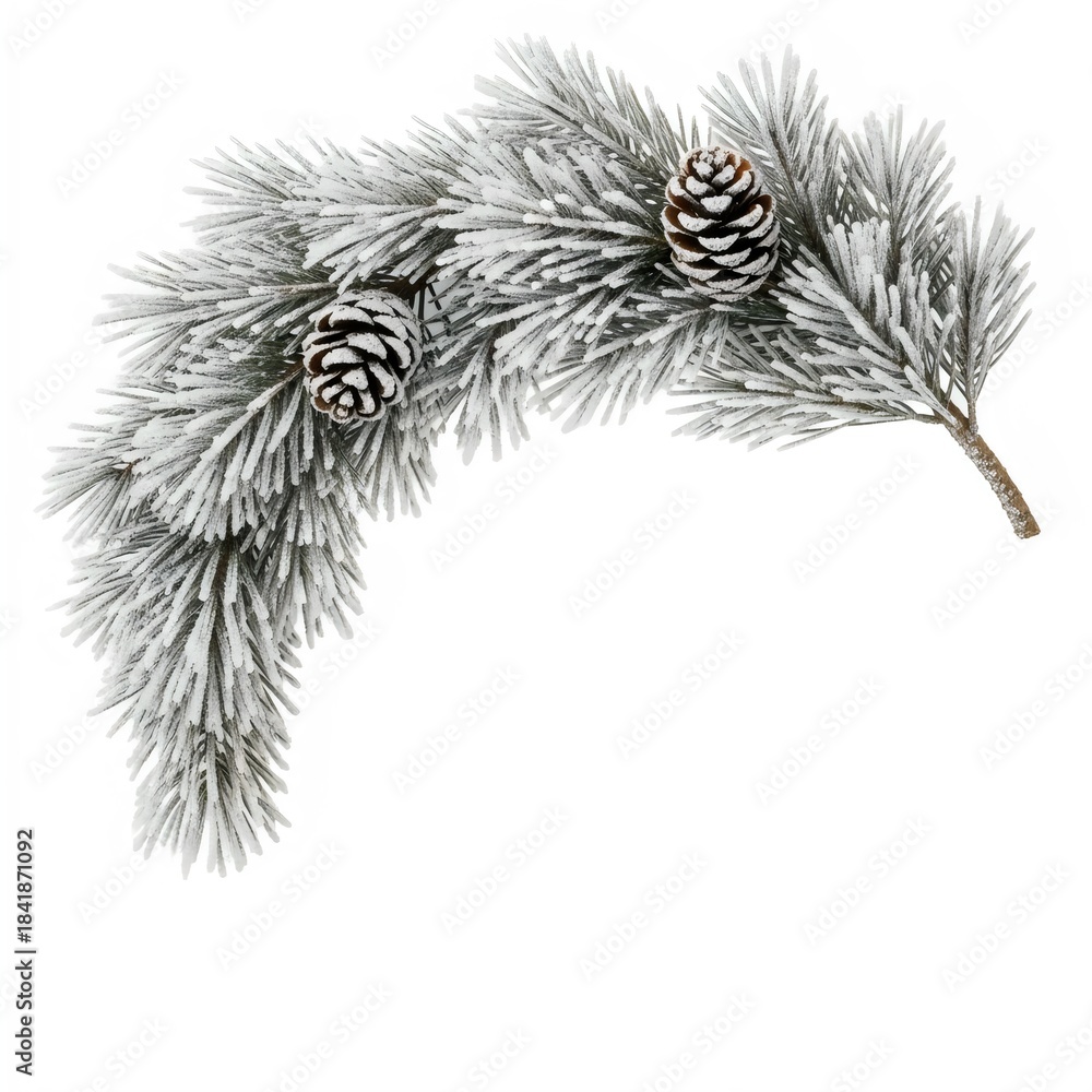 Obraz premium A frosted pine branch with needles and two small snowy pinecones, curved