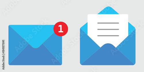 Envelope icon set. Closed, open and new message envelopes with notification badge and paper elements vector. Email communication set for inbox, alerts and contact actions sign. Modern postal concept