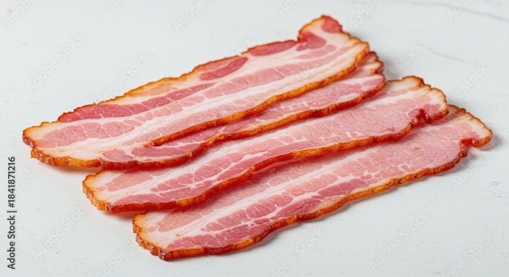 Obraz premium Slices of crispy cooked beef bacon isolated on a solid white surface. Delicious high-protein breakfast food ready to eat for a savory meal ,white ,cooked ,background