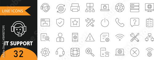 A clean vector set of 32 IT support line icons featuring help desk symbols, tools, security shields, networking elements, and troubleshooting visuals. Ideal for technical service presentations, IT tra