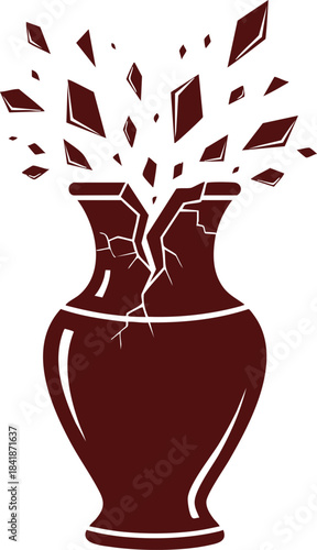 Dark red silhouette of a vase shattering into sharp, flying fragments, symbolizing loss, failure, irreparable damage, or emotional breakdown.