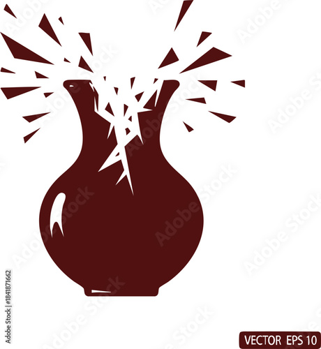 Dark red silhouette of a vase shattering into sharp, flying fragments, symbolizing loss, failure, irreparable damage, or emotional breakdown.