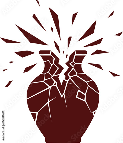 Dark red silhouette of a vase shattering into sharp, flying fragments, symbolizing loss, failure, irreparable damage, or emotional breakdown.