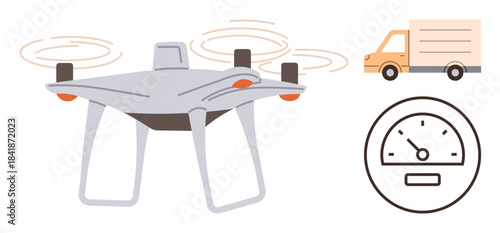Quadrotor quadcopter flying with visible propeller motion, delivery truck, and speedometer. Ideal for technology, logistics, delivery services, innovation, transportation, automation simple flat