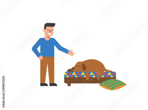 A stubborn, disobedient dog lies in its owner's bed, ignoring commands and sleeping in the wrong place, exemplifying bad canine behavior, depicted as a flat vector illustration on a white background