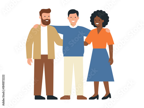 Illustration of a group of friends hugging and taking a selfie with a smartphone, smiling and posing together against a white background, featuring a cartoon man and woman to represent friendship