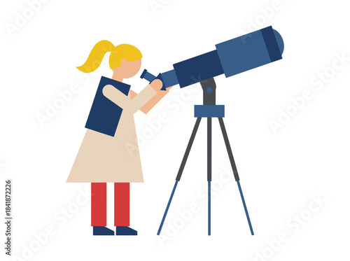 A charming young girl gazes through a telescope in a flat vector illustration, depicted in vibrant colors against a white background, enjoying a planetarium experience