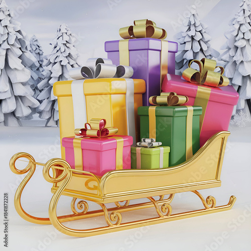 charming illustration with golden sled adorned intricate details, carrying  few oversized presents located in snowing forest. Ai generated