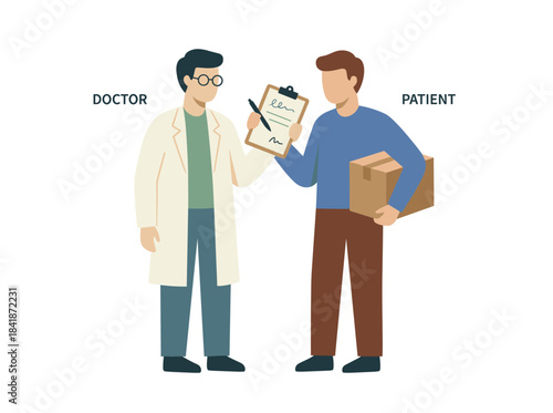 A courier delivers a parcel containing medicines or humanitarian aid, which a doctor or pharmacist receives; the scene is depicted as a colored flat vector illustration on a white background