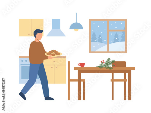 Illustration of a man in a cozy kitchen holding Christmas pudding, with a festive cake and sweet treats for Xmas Eve, celebrating Advent in a hygge home, rendered as a flat vector card