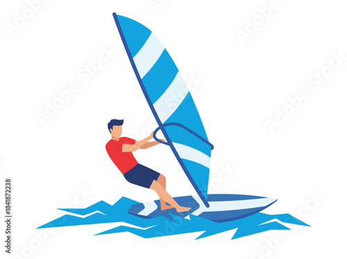 Man windsurfs, standing on a board with a sail amid waves, riding and surfing a sailboard in an extreme summer water sport, illustrated as a flat vector on a white background