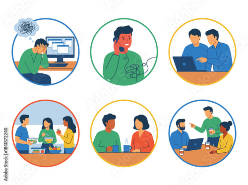People stressed and anxious after bad news and negative information, depicted as sad, shocked, and worried men and women in panic over an unexpected message, rendered as flat graphic vector