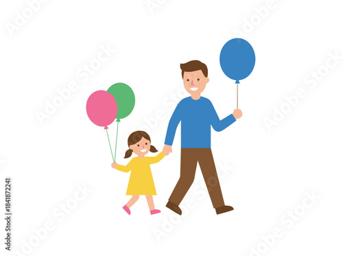 A father strolls with his daughter, both smiling as they hold a festive balloon for a holiday celebration, depicted in a flat vector illustration on a white background