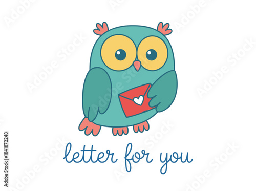 A whimsical owl clutching an envelope, mail, or message with the phrase “Letter For You,” depicted as a cute forest bird set against a white background, rendered in colorful flat vector style