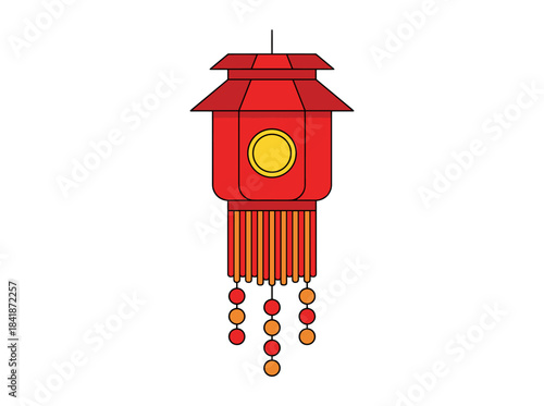 A colorful Chinese paper lantern with fringes and a pointed silhouette, hanging on a string, serves as a traditional street light in China; this Asian lamp is shown in a colored vector illustration