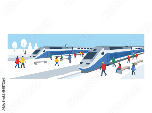 High-speed modern trains halted at the station while people stood and walked on a snow‑covered platform