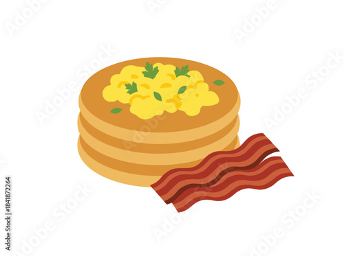 A plate of pancakes, scrambled eggs, and bacon, along with pork slices, represents a traditional cooked breakfast, depicted as a flat vector illustration on a white background