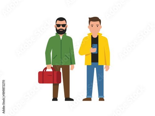 Two Caucasian men in casual attire and caps, holding a phone and a bag, chatting with one another; a meeting of friends depicted as cartoon characters on a white background in vector illustration