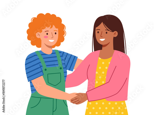A flat vector illustration of a smiling young couple of women, depicted as modern lesbian friends, shown in a face portrait on a white background