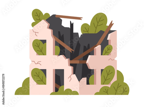 A demolished building with broken, ruined, cracked walls and rebars from collapsed, smashed construction is shown as a crushed, shattered, destroyed house in a flat vector illustration on a white