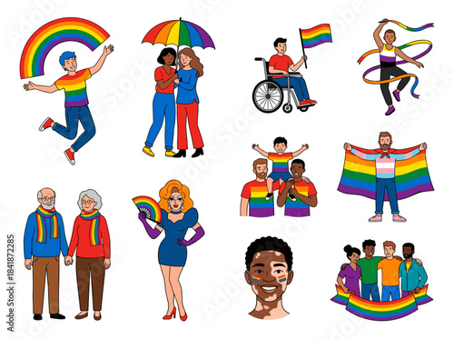 Illustration of LGBTQ individuals, including happy gay and lesbian couples celebrating love during Pride Month, featuring rainbow flags and symbols in a flat vector style on a white background