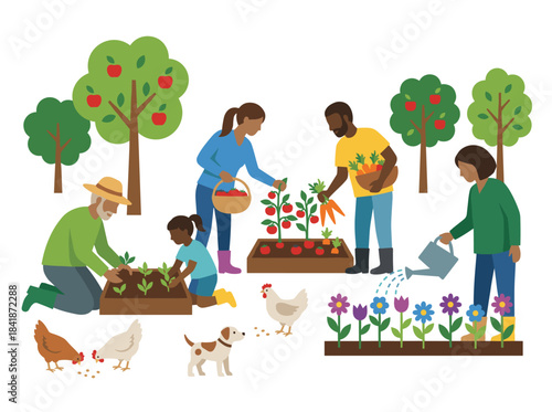 A continuous pattern featuring people gathering autumn crops, set against a backdrop of farmers harvesting or collecting ripe seasonal fruits and vegetables on a white background, rendered as a flat