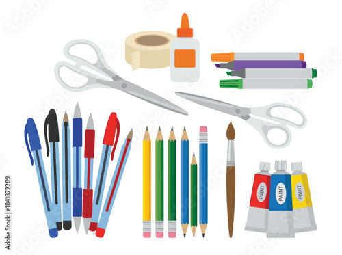 A hand‑drawn illustration of a collection of stationery and writing utensils, showcasing office and art supplies—brushes, pens, pencils, markers, erasers, paint, and sharpeners—isolated on a white