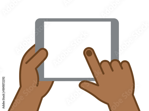 A hand holds a tablet PC, tapping the blank screen with a finger; the arm uses the device, touching, pointing, and pressing the display with the forefinger, depicted as a flat vector illustration on