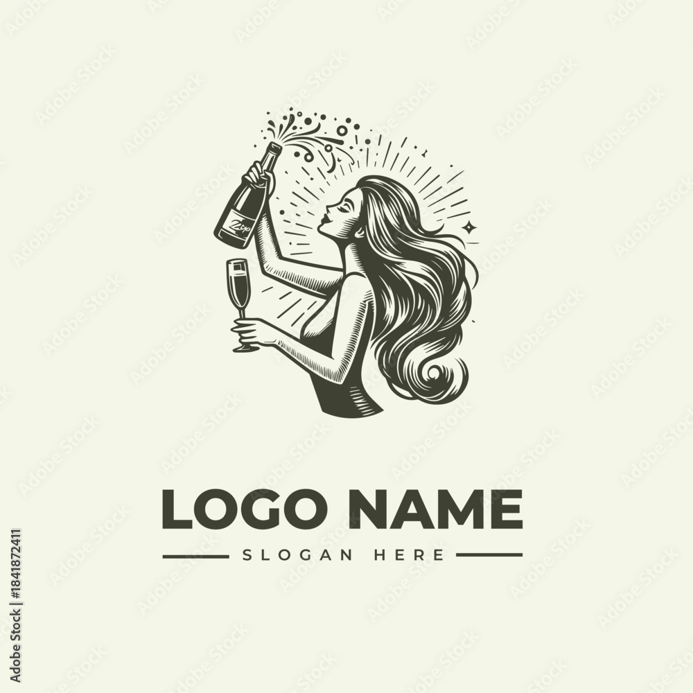Obraz premium Vector illustration of a woman celebrating with a bottle and glass, surrounded by festive lines and dots on a beige background, showcasing a logo design concept.