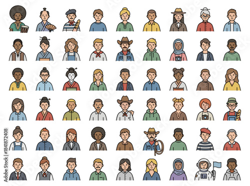 A sizable assortment of male and female cartoon characters or avatars, each featuring varied hairstyles and accessories, hand‑drawn with black and white contour lines as a monochrome vector