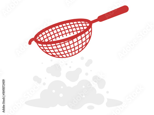 A flat vector illustration on a white background of a kitchenware item—a sieve or sifter used for baking—showing wheat flour falling through its mesh