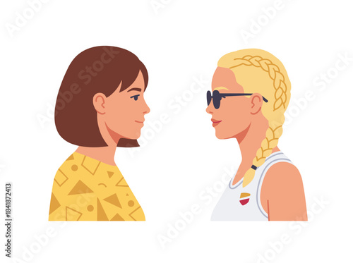 A young couple in love, a girl and a guy meeting and looking at each other, depicted in a flat vector illustration on a white background