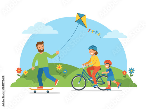 A cheerful family enjoys outdoor activities—riding a bike, skating on a skateboard, and roller skating—while smiling in a park during summer vacation, depicted in a flat cartoon vector illustration