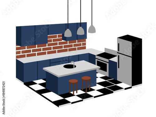 Hand-drawn colorful illustration of a modern loft-style kitchen interior