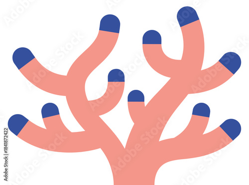 A flat vector illustration of a coral reef branch, exotic marine plant, tropical hard structure, and ocean fauna, serving as decorative nautical sea decor against a white background