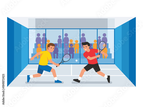 A squash match featuring two players with racquets and a ball on the court, a professional sporting event where athletes compete in a tournament, depicted as a flat vector illustration on a white