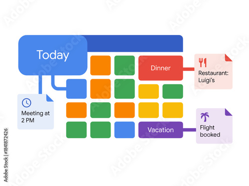 Business and personal planning concept featuring a monthly calendar, daily planner, timetable for work and vacation tasks, reminders, schedule, and a flat vector illustration on a white background