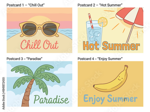 A collection of hand‑drawn cards featuring lettering and inscriptions such as “Enjoy summer,” “paradise,” “hot summer,” and “chill out,” along with postcards illustrated with palm trees, sunglasses