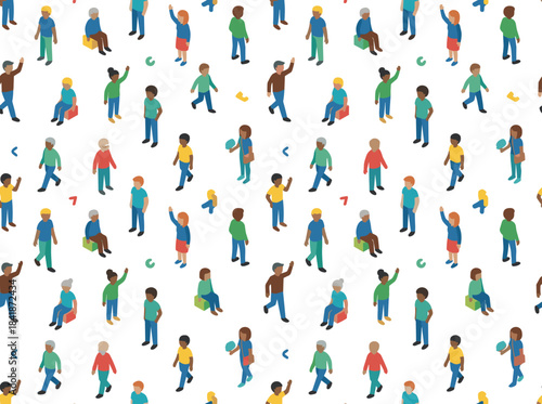 A seamless pattern featuring characters looking upward, with a top‑down view of people against an endless background, showing surprised and shocked men and women overhead, designed as a repeating