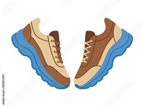 Stylish footwear featuring comfortable sports shoes with a wavy sole, modern and cozy, trendy unisex laced trainers, depicted as a flat vector illustration on a white background