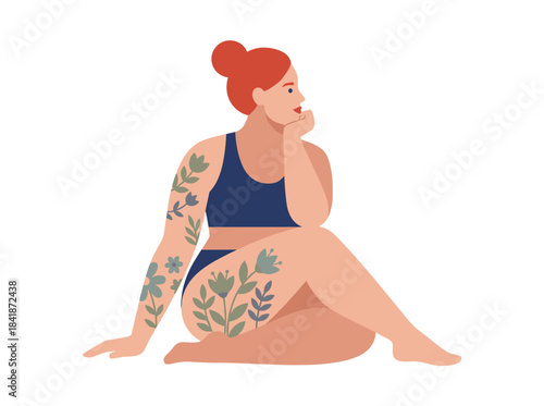 A tattooed plus‑size woman in underwear, a curvy female model, body‑positive and naturally beautiful, depicted as a flat vector cartoon on a white background