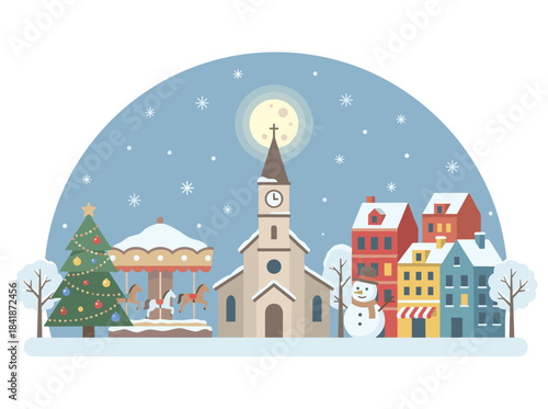 A small European town covered in snowfall, showcasing a snowy cityscape with elegant antique facades decorated for New Year or Christmas, depicted as a colorful flat-style holiday vector illustration
