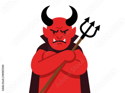 Flat vector illustration of a little red demon giving a middle finger, a cartoon character with bad manners, depicted in an offensive and aggressive gesture against a white background