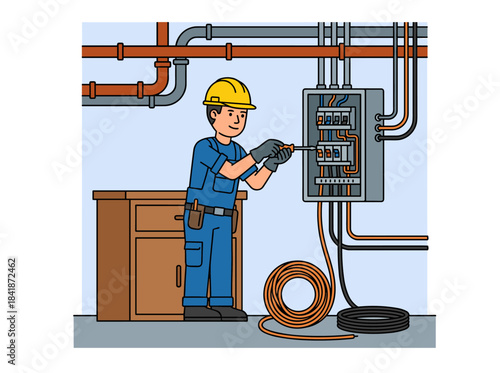 An electrician repairing and installing electrical wiring, a workman fixing wires and cables with tools, and a handyman working with electricity, all depicted in a flat vector illustration on a white