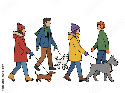 A vibrant flat illustration of people walking their dogs