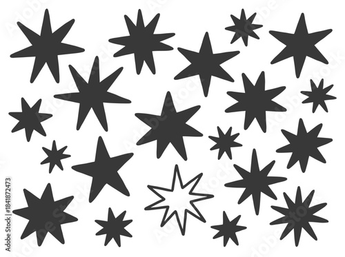 A collection of star‑themed crayon and chalk textured doodles, simple pencil scribbles, and sparkling oil pastel wax strokes in a childlike style, presented as a hand‑drawn vector illustration on a
