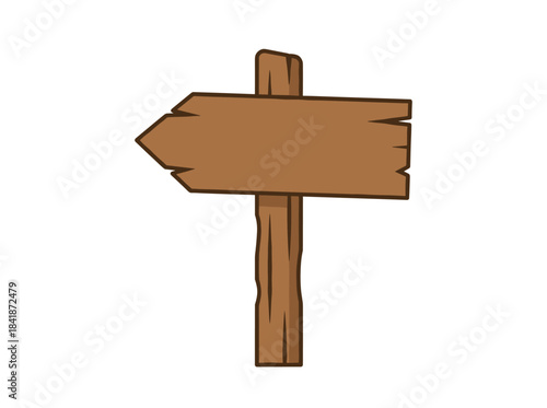 A wooden guideboard constructed from planks and poles fastened together, accompanied by an empty signpost featuring a left-pointing arrow indicating direction, all set against a white background; a