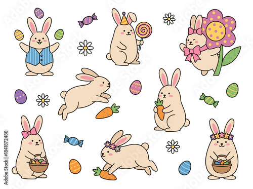 A collection of endearing, humorous Easter rabbits or bunnies set against a white backdrop, grouped together with cheerful animals clutching an egg, carrot, and lollipop, some sleeping, forming a