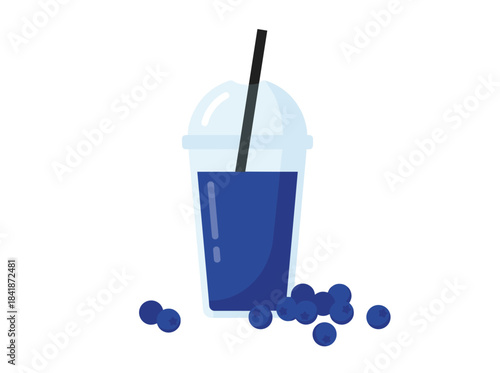 A realistic vector illustration of a blueberry smoothie in a transparent plastic cup with a lid and straw, set against a white background