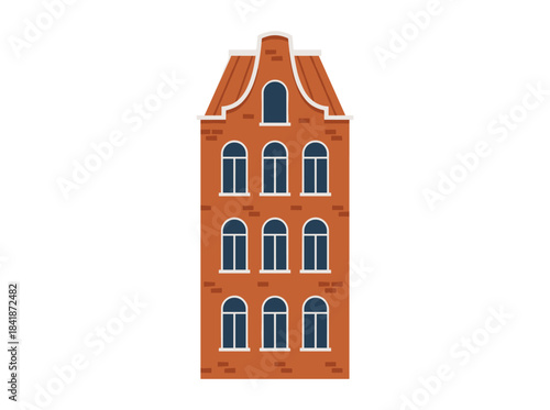 A vintage European house front, British-style exterior seen from the front, showcasing historic city architecture in classic English urban design, rendered as a flat vector illustration on a white